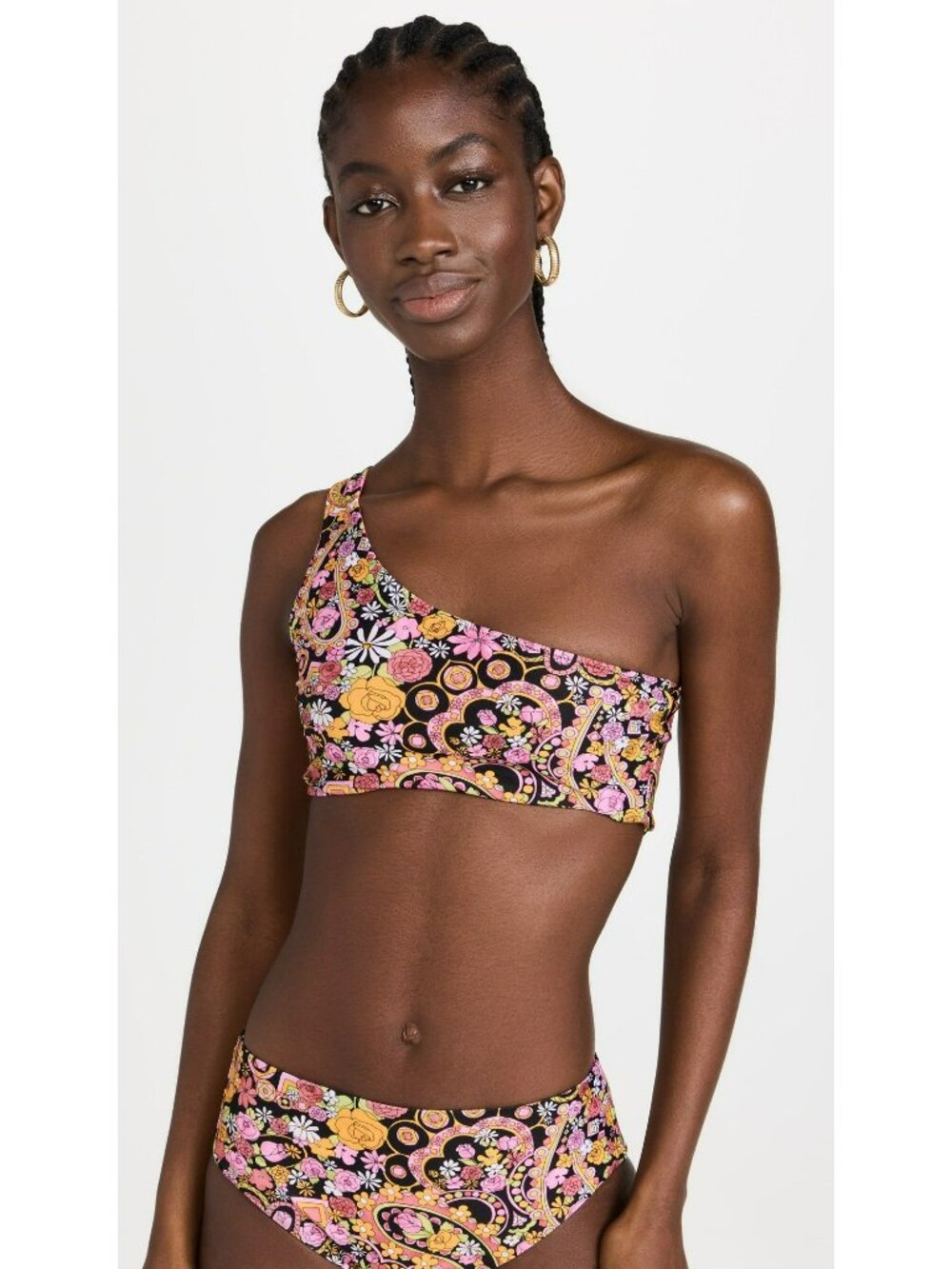 NEW La DoubleJ One Shoulder Goddess Bikini Swim Top Tripping Nero Pink Floral